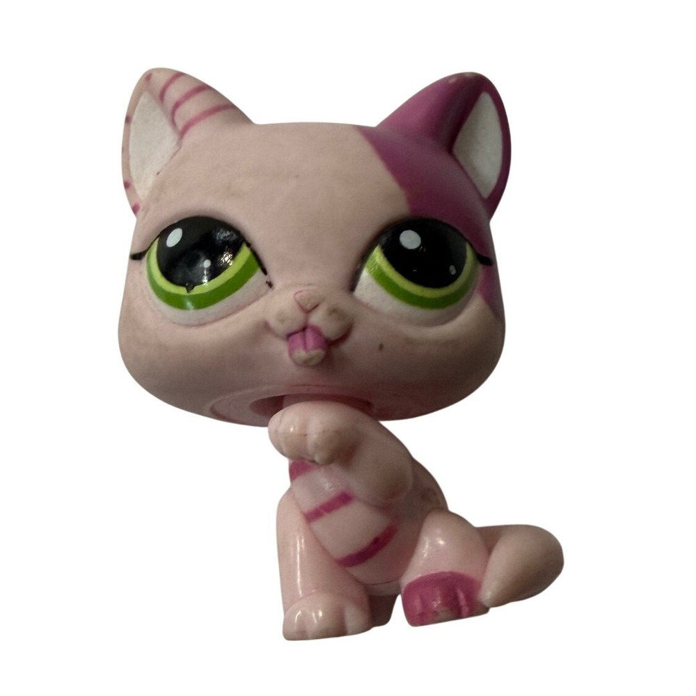 Hasbro Littlest Pet Shop LPS Pink Cat Green Eyes Striped Feline Figurine